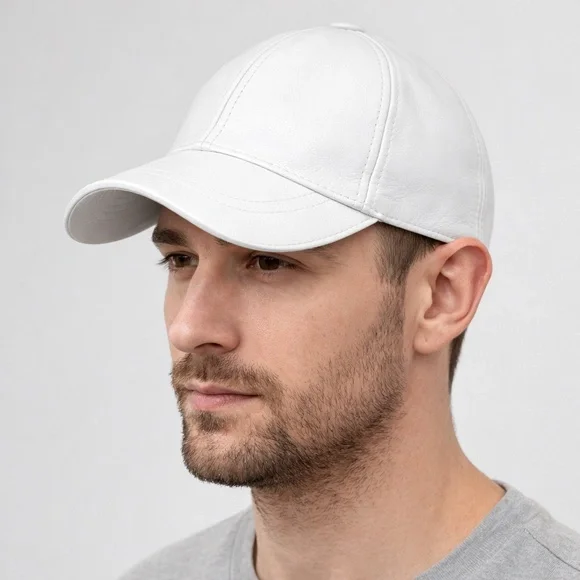 White Leather Baseball Cap - Real Lambskin Leather Hat for men NWT - Picture 5 of 5